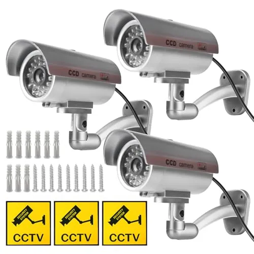 Sporgo - 3 piezas de cámara falsa de vigilancia: cámara falsa de vigilancia exterior con luz LED roja intermitente, cámara falsa de vigilancia falsa para interior y exterior (plata)