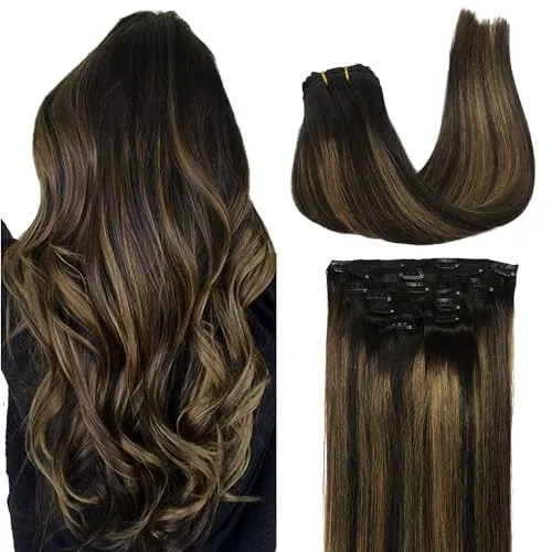 GOO GOO Extensiones de Clip de Pelo Natural, 7pcs 120g 55cm 1B/6/1B Negro Natural Mezclado Con Marrón Castaño, Extensiones Pelo Natural