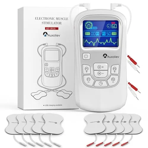 AUXOLIEV Electroestimulador Muscular Premium, 25 Modos de Masaje + 50 Niveles de Intensidad, TENS/EMS de Masaje Terapia Maquina para Aliviar el Dolor con 12pcs Almohadillas de Electrodos (Plateado)