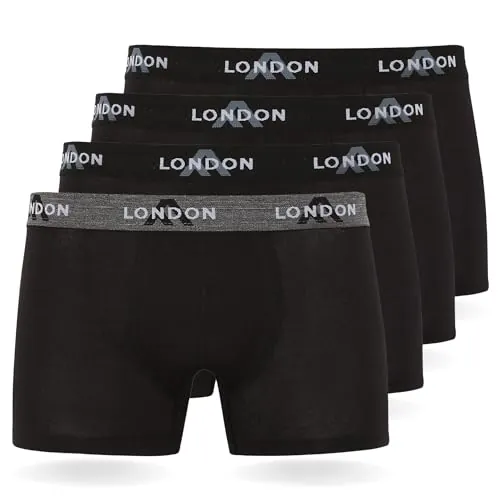 FM London - Bóxers para hombre, suaves, ropa interior elástica para uso diario paquete de 4/8, Negro (Pack de 4), M