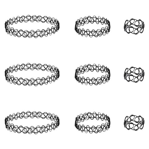 Mikovivi 9 Uds Collar Tatuaje Pulsera Anillo Juego, Plástico Collar de Clavícula Gargantilla Elástica accesorios de Joyería de los Años 90 y 95 para Mujeres Niñas (Negro)