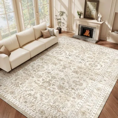 HOMFINE Alfombra Salon 240x340cm Vintage Lavable Beige
