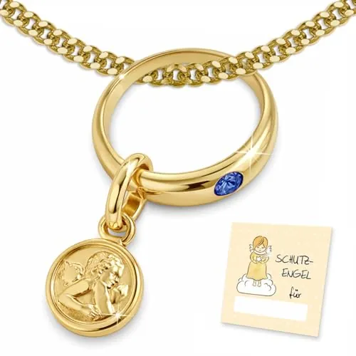 CLEVER SCHMUCK Cadena de bautizo de oro con ángel de la guarda, anillo de bautizo azul con cadena de 36 cm, plata de ley 925 chapada en oro, en estuche
