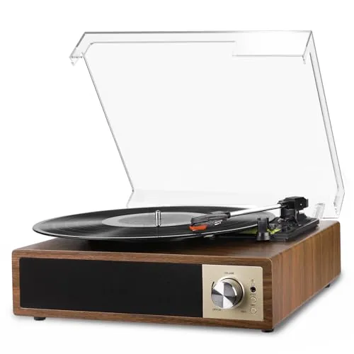 VIFLYKOO Tocadiscos de Vinilo Bluetooth 5.4, Reproductor de Vinilo Vintage con 3 Velocidades 33/45/78 RPM, Giradiscos Soporta Grabación de Audio USB, Salida RCA/Aux in/Auriculares, Caoba