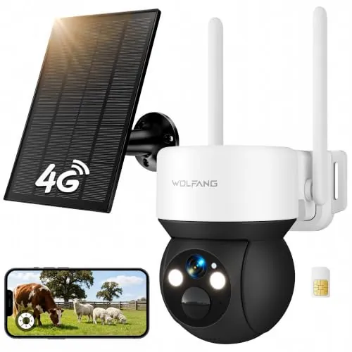 WOLFANG Cámara de Vigilancia 4G Exterior, 2K Solar, SIM, Sin WiFi | Cámara de Seguridad 4G, PIR, Visión Nocturna, Audio Bidireccional, IP66 para Jardín, Finca, Obra y Casa de Campo