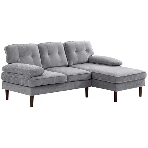 HOMCOM Sofá Esquinero de 3 Plazas Tapizado en Chenilla, Sofá Chaise Longue en Forma de L con Patas de Madera y Reposabrazos, Estilo Moderno, para Salón, 215x142x88 cm, Gris