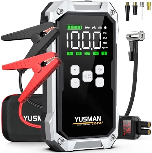 YUSMAN Arrancador de Baterias de Coche con Compresor de Aire, 12V 9000A Arrancador Coche Portatil con Inflador de 160 PSI (para All Gasolina o 12.0L Diesel), Linterna LED de Emergencia