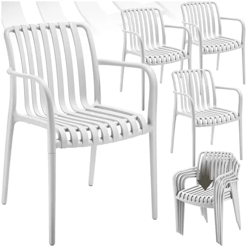 tectake® Juego de 4 Sillas de Jardín con Reposabrazos, Apilables, Resistentes a la Intemperie, Ligeras, Cap. Carga 120 kg, Juego Muebles Jardín, Juego Bistró, Sillones Terraza y Patio – Crema