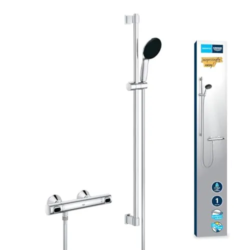 GROHE Precision Flow - Mezclador termostático de ducha (juego de barra de ducha, pegar o taladrar), cromo, 34805001