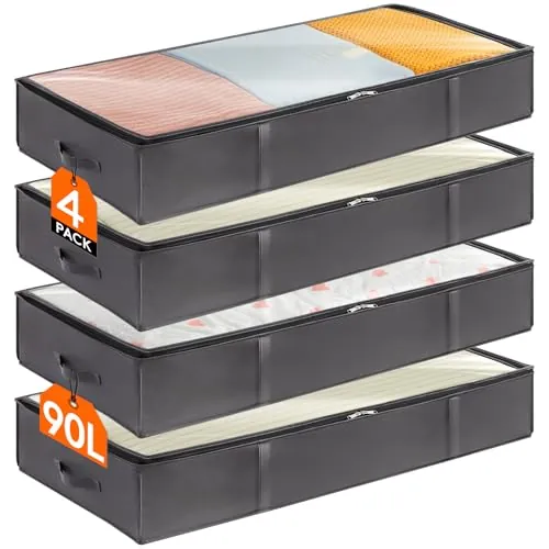 Lifewit Bolsas almacenaje ropa debajo de la Cama, Cajas almacenaje de Gran Capacidad con Asa Reforzada, cajas organizadoras plegables para Mantas, Ropa, Gris, 90 L, 4 Piezas