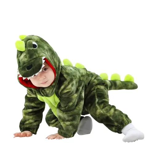 LOLANTA Disfraz Dinosaurio con Capucha para Bebé Vestido-Halloween Animal Disfraz Carnaval para Niños Pequeños, Traje Unión de Franela, Tinte Verde, 15-18 meses
