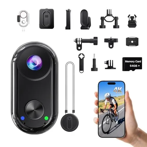 Camlance 4K Mini Cámara Deportiva,20MP Portátil para POV Cámara,6 Ejes EIS Camara Corporal,40M Camara Subacuática,WiFi Mini Cámara Magnética(con TF de 64 GB y Accesorios de Montaje)