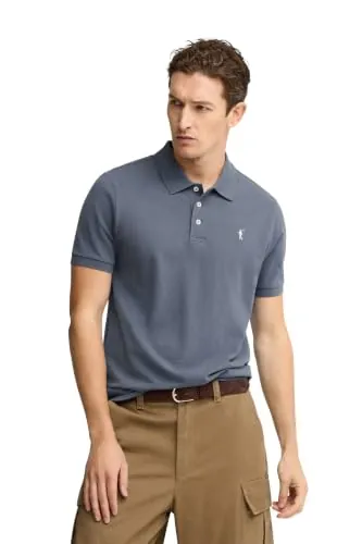 Polo Club - Polo Hombre | Manga Corta | 100% Algodón Piqué | Cierre 3 Botones | Logo Bordado Contraste | Regular Fit | Combina con Chinos o Vaqueros, Azul Denim, XL