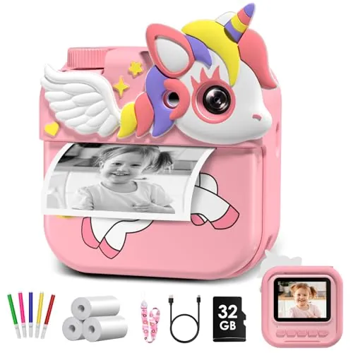Camara Fotos Infantil Instantanea, Hangrui Cámara Instantánea para Niños con Tarjeta de 32G, 2.4" HD Camara Instanea Infantil con Papel de Impresión y Bolígrafos de Colores, Regalos Juguete