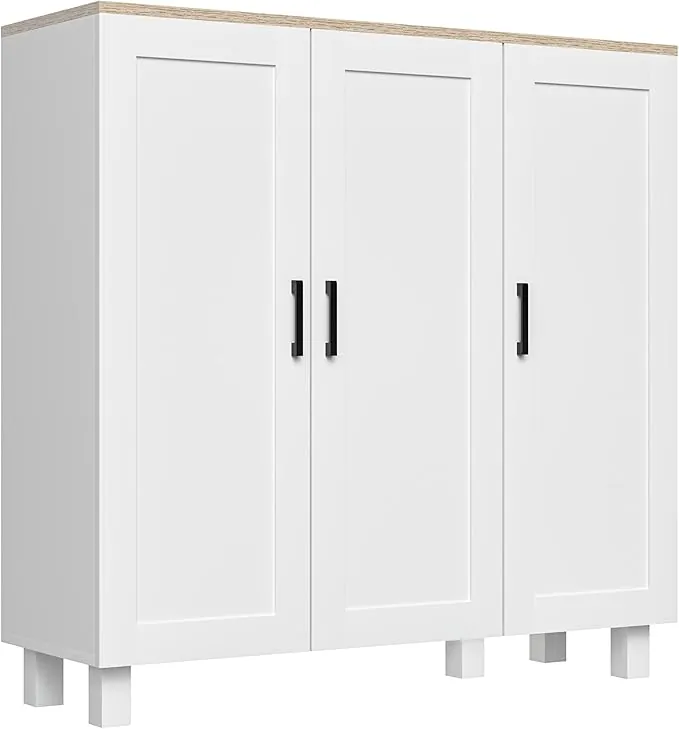 HOMCOM Aparador Estrecho de 3 Puertas, Aparador de Salón con Estantes Ajustables, para Cocina, Entrada, Comedor, Dormitorio, Negro, 90x30x90 cm, Blanco