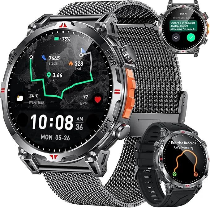 Reloj Inteligente Smartwatch Hombre con GPS: 1.7''AMOLED Pantalla Táctil Bluetooth SmartWatch con GPT Ai Esfera Brújula SpO2 Sueño Presión Arterial 100+Modo Deportivo 3ATM Impermeable Para Android iOS