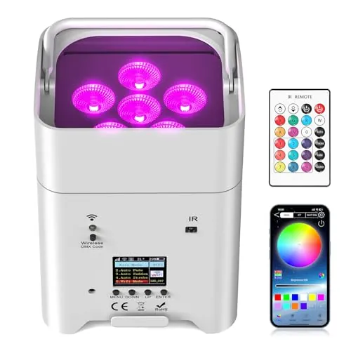 PUZILOZA 108W par led Foco Batería recargable, RGBWA+UV Barre luz de discoteca con mando a distancia apoyo DMX/APP Iluminación de escenario para DJ fiesta bar boda halloween navidad- blanco