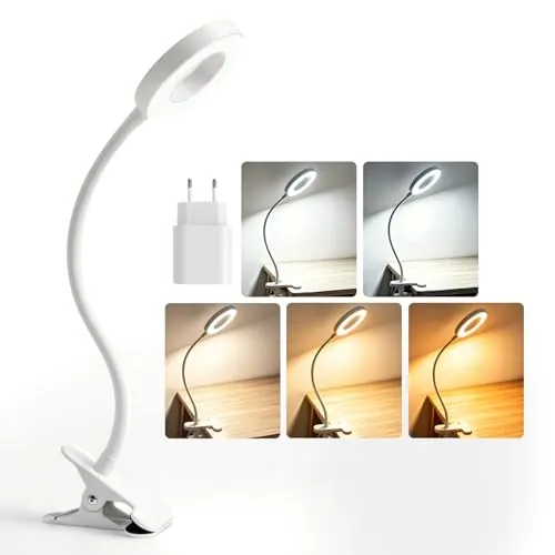 Akynite Flexo LED Escritorio Blanco con Pinza y Temporizador, Adaptador incluido, 5 Colores 10 Brillo, Lámpara USB Pinza, Aro de Luz Flexible para Escritorio, Luz de Lectura para Libros en la Cama