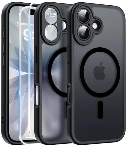 FLLAO Funda para iPhone 17, Compatible MagSafe, con 2 Piezas Protector de Pantalla Cristal Templado, [Protección de Cámara] Magnética Carcasa Translúcida Mate Trasera Fina Antigolpes, Negro