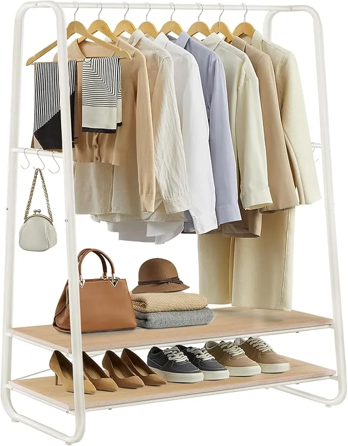 VASAGLE Perchero Burro, Perchero Recibidor con 2 Estantes, 6 Ganchos en Forma de S, Marco de Acero, 45 x 100 x 160 cm, para el Dormitorio, Roble y Blanco Mate RGR112W09