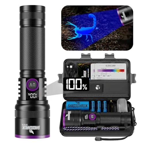 Shadowhawk 365nm Linterna Ultravioleta Con Lente De Filtro - 30W De 4 Núcleos Linterna UV Potente Recargable para la detección de orina de mascotas/curado de resina/rocas/escorpión, etc., Pantalla LCD
