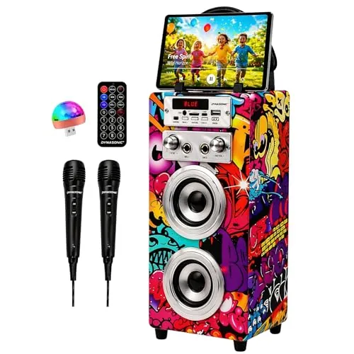 Dynasonic Karaoke Altavoz Bluetooth Portatil, 2 Micrófonos, USB/SD/AUX, Luces LED, Batería Recargable. Regalo para niños, comunión, cumpleaños y Fiestas