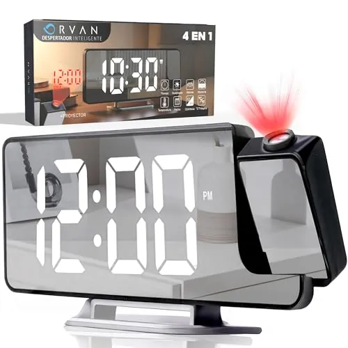 ORVAN® Reloj Proyector Techo Premium | Reloj Despertador Digital LED | Despertador Proyector Techo con Efecto Espejo | Reloj Despertador con Proyector | Doble Alarma | Tres Modos De Atenuación