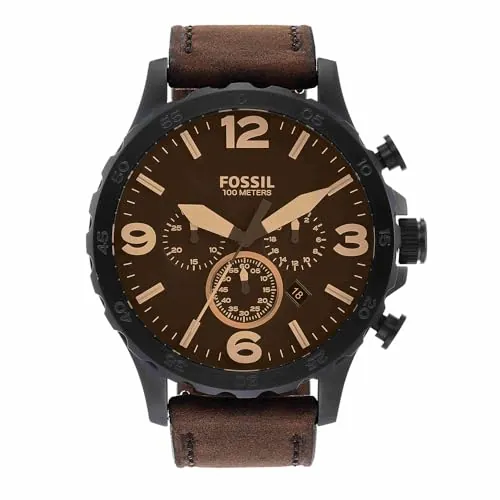 Fossil Reloj para hombre Nate, movimiento cronógrafo de cuarzo, caja de acero negro de 50 mm con correa de piel auténtica, JR1487