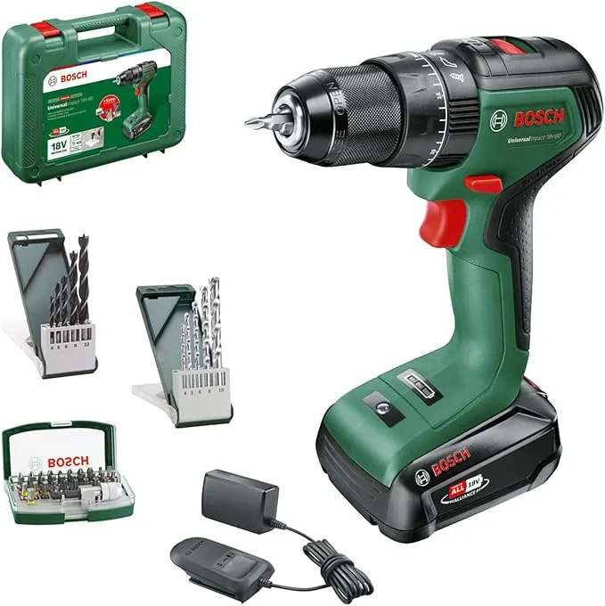 Bosch taladro percutor a batería UniversalImpact 18V-60 (Taladrar/atornillar en madera/metal, taladrar con percusión en mampostería; 42 brocas; 1 batería de 2,0 Ah; sistema de 18 V) - Amazon Edición