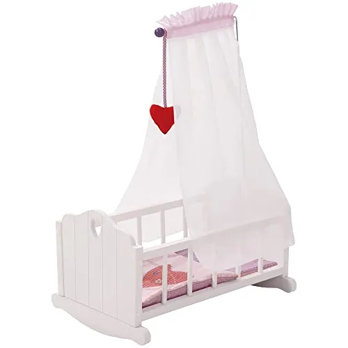 roba Cuna de Muñeca Completa Fienchen - Incluye Textil Rosa - Manta + Almohada + Dosel y Soporte - Para Niñas de 3 a 6 Años - Madera Blanca