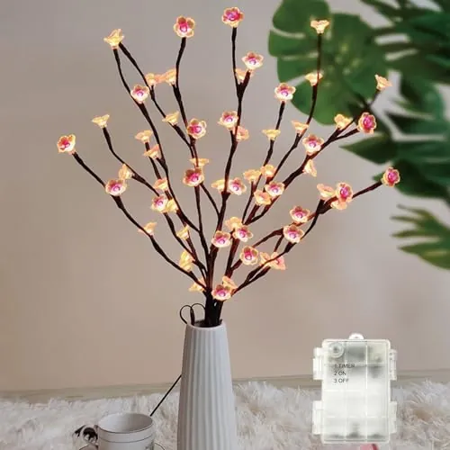 Luces LED de ramas de cerezo, 2 x 73 cm, árbol de ramas cálidas con 40 luces de flor de cerezo, luces de ramita que funcionan con pilas con temporizador, luces LED de hadas para interiores para el