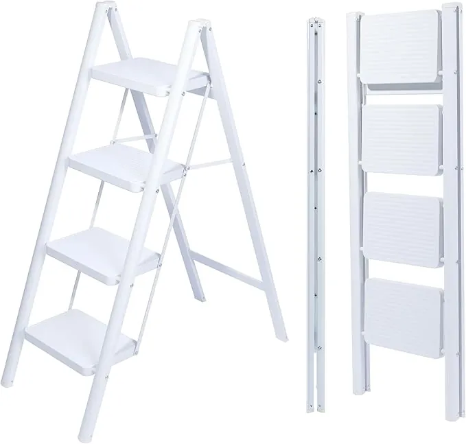 UZIRO Escalera Plegable 4 Peldaños, Escaleras Decorativa, Peldaños Anchos Antideslizantes, Ideal para Uso en Hogar, Cocina y Oficina, Fácil de Guardar y Transportar, Resistente (Blanco, 4 Peldaños)