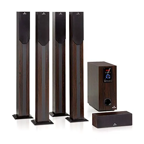 AUNA Areal Elegance - Sistema Home Cinema 5.1, Subwoofer 5", 5 Altavoces satélite (3"+5"), Potencia 190 W, Bluetooth, Puerto USB/SD, AUX, Pantalla LED, Mando a Distancia, Estética Madera, Marrón