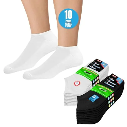 SOXCO 10 Pares Calcetines Tobilleros Mujer Hombre Verano Calcetines Cortos Bajos, paquete de 10 (EU 39-42, Blanco 5P, Negro 5P)