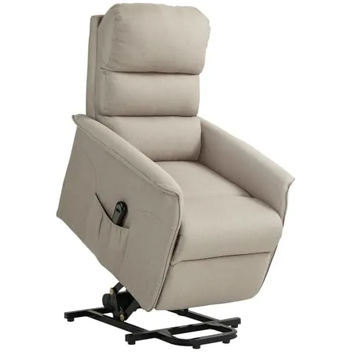 HOMCOM Sillón Relax Reclinable Eléctrico Levanta Personas en Lino Beige | Sillón Elevador con Control Remoto, Reposapiés, Bolsillo Lateral, para Salón, Dormitorio