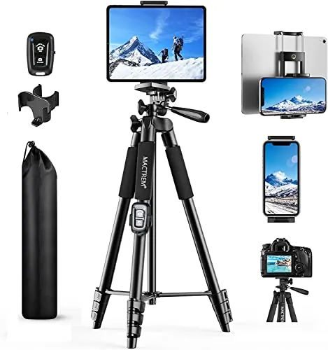 MACTREM 165 cm Tripod Camera,Aluminio Tripode para Movil con Remoto Inalámbrico, Tripode para iPhone/iPad/Xiaomi/Samsung/GoPro/Nikon/Sony