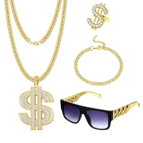 CASSIECA 80s/90s Hip Hop Disfraz Kit para Hombres Mujeres Collar de Cadena de Metal Pulsera Gafas de sol Anillo de Signo de dólar Punk Hip Hop Rapero Bisutería