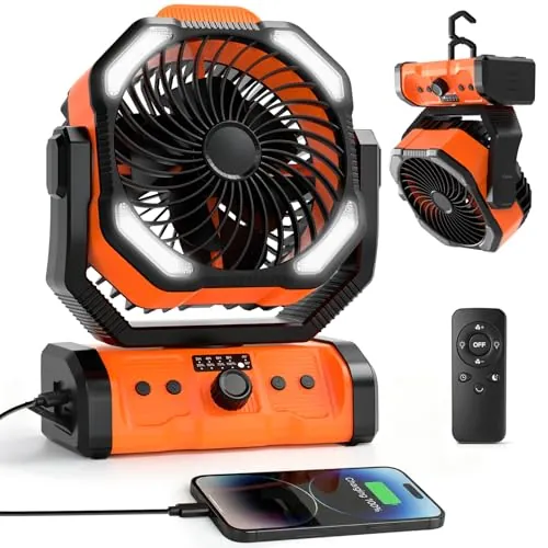 ELZO Camping Ventilador 20000mAh, Portátil Recargable para Escritorio Tienda de Campaña con Control Remoto y Gancho, Luz LED, Ventilador USB de Velocidad Continua, Hogar Exterior Viajes Pesca