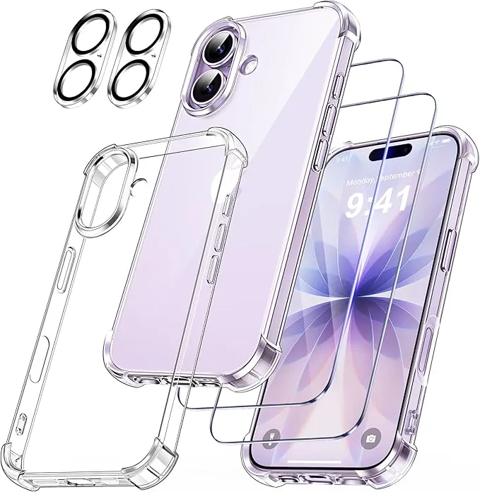 FLLAO 5 en 1 Funda para iPhone 17 con 2 Protector Pantalla y 2 Protector Lente Cámara, [Almohadilla de Aire integrada] Antigolpes Antiarañazos Phone Carcasa 6,3 Pulgadas, Transparente