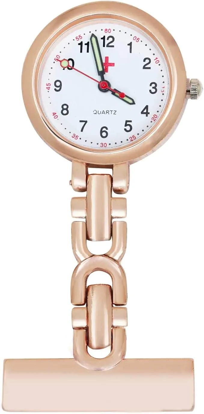 Reloj de Bolsillo de Enfermera de Metal con Broche - Tono Oro Rosa