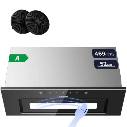 Ciarra CBCB5931B Campana Extractora Encastrable 469 m³/h Clase A 52cm Negro | Incluido 3 Velocidades Control por Gestos Iluminación Acero Inoxidable 59dB