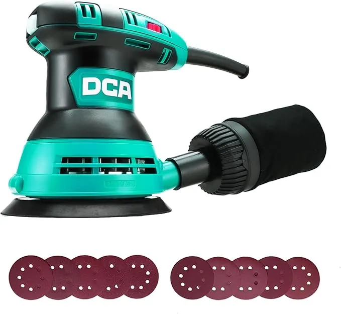 DCA Lijadora Orbital 300W, 6 Velocidades 12000RPM Lijadora Madera, Lijadora Eléctrica con Recogida de Polvo, 10psc 125MM Lija para superficies de madera y acero, lijado y pulido de madera, DIY