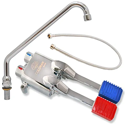GOLDMAN SERVICE Set de Grifo Pedal Doble Mezclador para Fregaderos Industriales Hostelería - Caño Alto Vertical Giratorio - Latiguillo de Fontanería