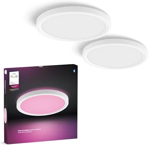 Philips Hue Devote (2un) - Panel LED inteligente Redondo 30cm, Marco Blanco, RGBW, 16.6W, 2000 Lumens, para Interior, Salón, Cocina, Pasillo, compatible con Alexa, Google Assistant y Apple HomeKit