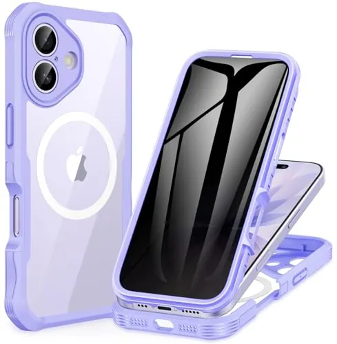 CENHUFO Magnética Antiespia Funda iPhone 17 [Compatible con MagSafe] Integrado 9H Cristal Templado Protector Pantalla y Protector Cámara, 360 Grados Antigolpes Carcasa Capa Doble Cara Case - Lila