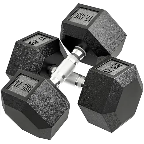 HOMCOM Juego de Mancuernas Hexagonales, 2 x 17,5 kg, de Hierro Fundido, Recubiertas de Goma, Juego de Pesas con Barras de Conexión para Entrenamiento en Casa, Gimnasio y Oficina, Negro y Plata