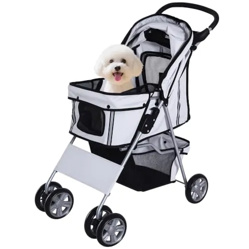 PawHut Cochecito Plegable Mascotas Carrito para Perros Gatos con Cuatro Ruedas Cesta de Almacenaje Ventanas y Portavasos Tela Oxford Marco de Acero 75x45x97 cm Gris