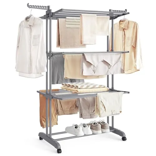 SONGMICS Tendedero Plegable de 4 Niveles, con Ruedas, Alas Plegables, 63,5 x 128 x 173 cm, Gran Capacidad, Montaje Fácil, Uso Interior y Exterior, Gris LLR701G01