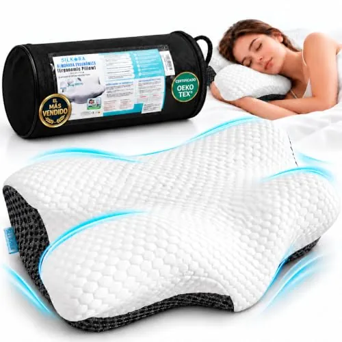 SILKORA®️ | Premium Almohada Cervicales y Cuello | Almohada Cervical Japonesa Viscoelástica Ergonómica | Almohada Japonesa para Dormir de Lado y Boca Arriba | Doble Altura y Funda Lavable
