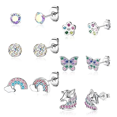 CASSIECA 6 Pares Pendientes Plata de Ley 925 Para Niñas - Coloridos Circoniña Aretes Hipoalergénicos Corazón Estrella - Regalos Con Joyero